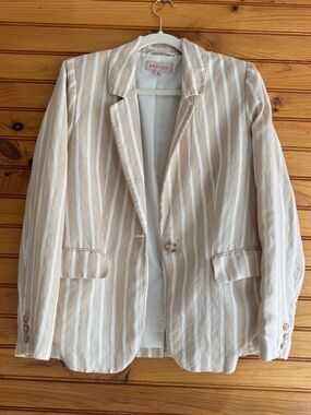 Philosophy Linen Blend Blazer M Tan White Stripe Lightweight One Button Preppy